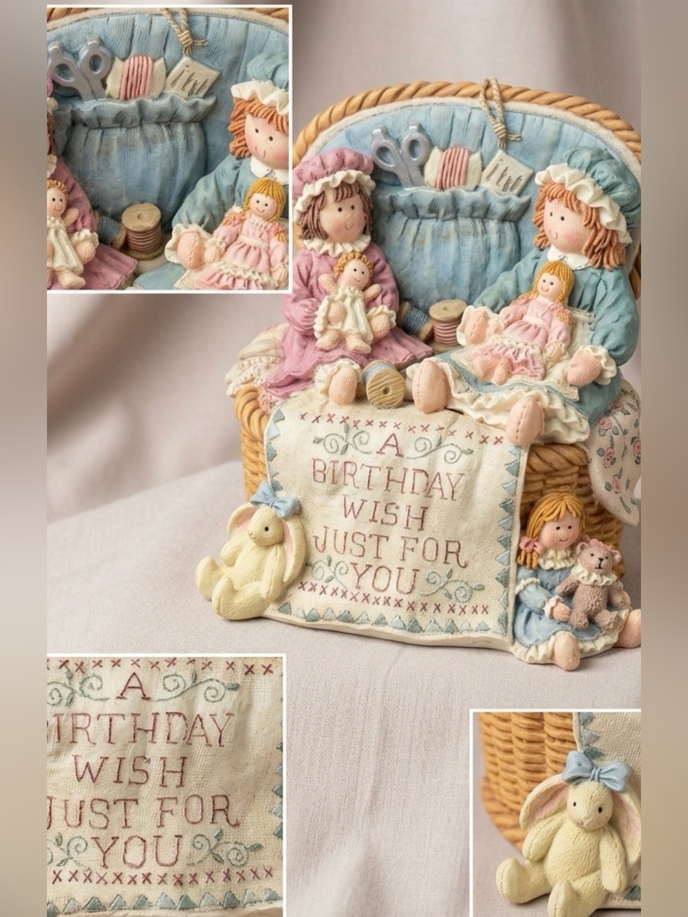 Vintage Porcelain Doll Basket Figurine in Pink & Blue